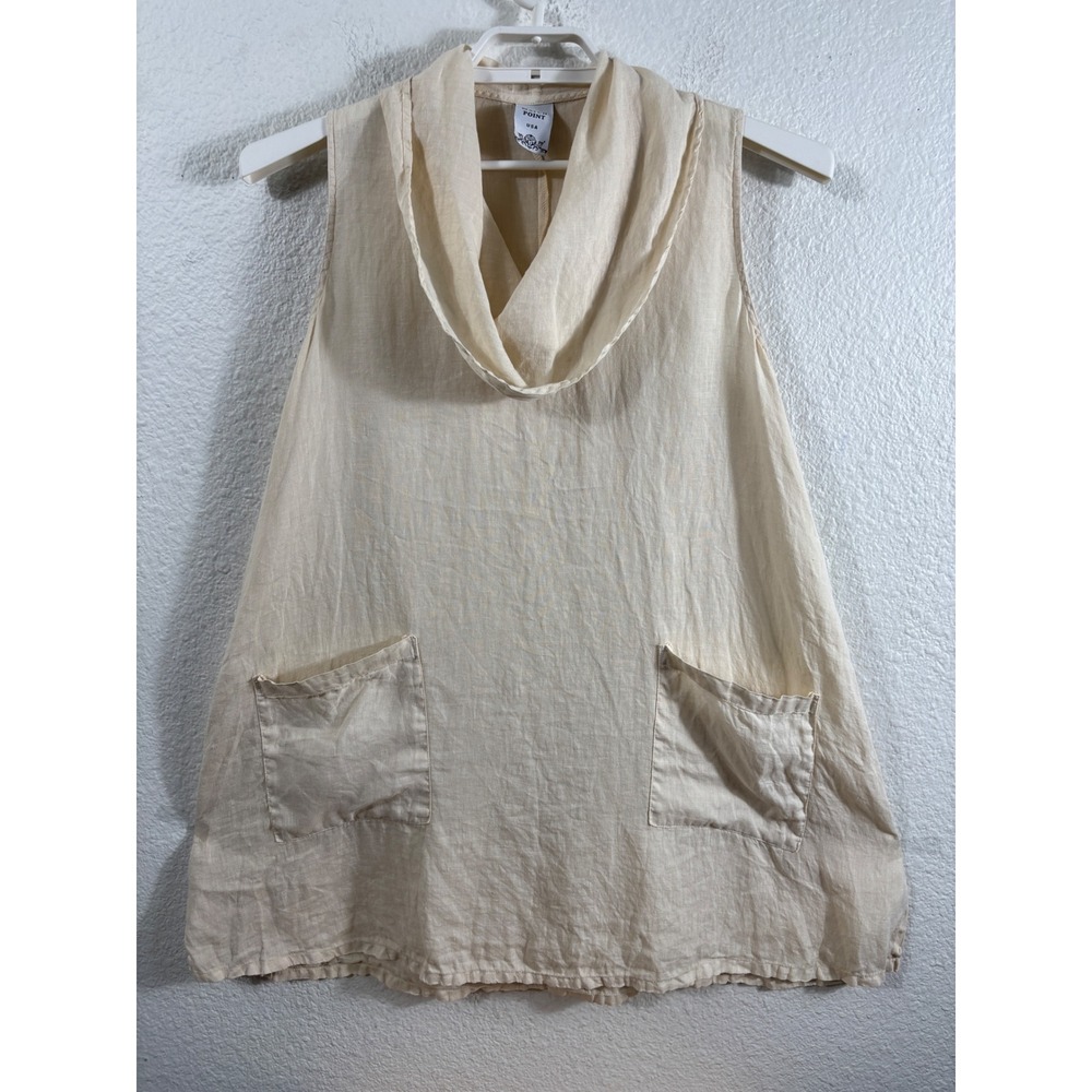 Match Point Linen Tunic Tank Women M‎ Beige Oversized Cowl Neck Pocket